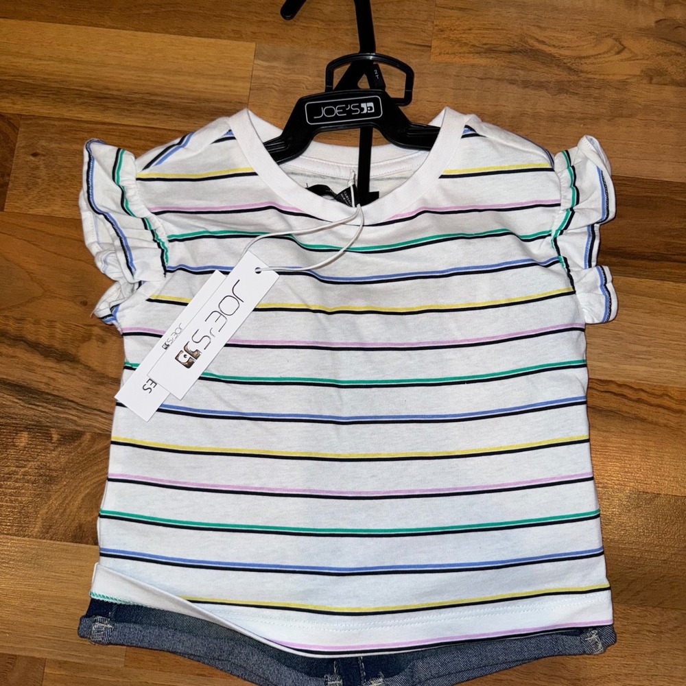 JOE'S JEANS Girl 2T Top & Shorts Set Striped Ruffle Sleeve Denim resort vacation